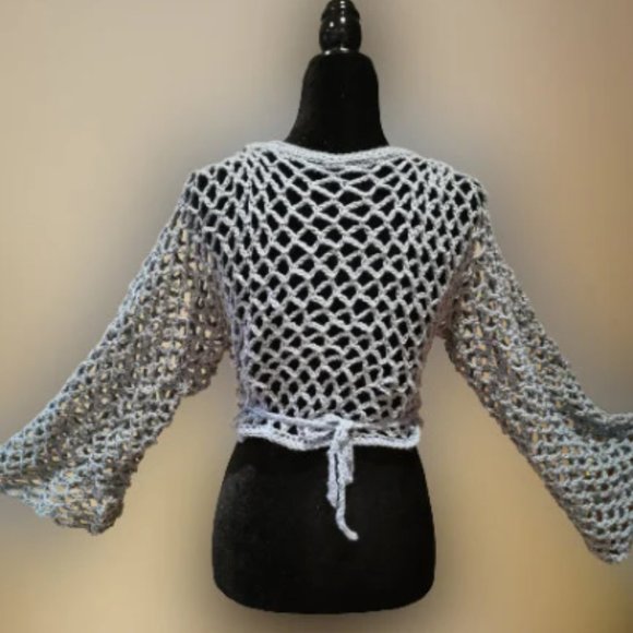 Ballet Wrap Top,  Crochet Mesh Shrug with Bell Sleeves - Picture 3 of 4